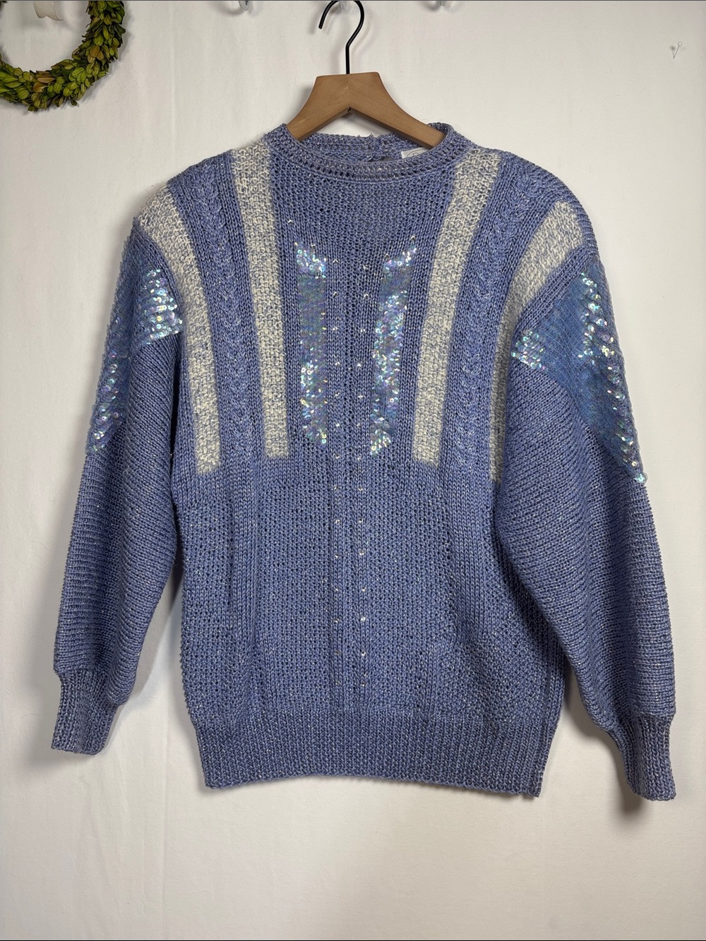 NANNELL Vintage Metallic Sequin Embellished Blue Glam Sweater size medium